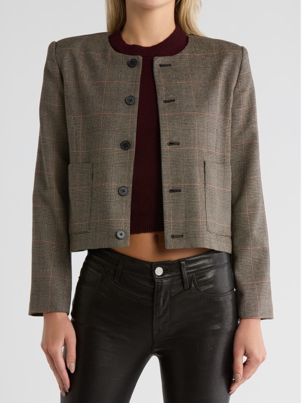 Frame Denim Cropped Plaid Boxy Collarless Jacket in Brown & Black